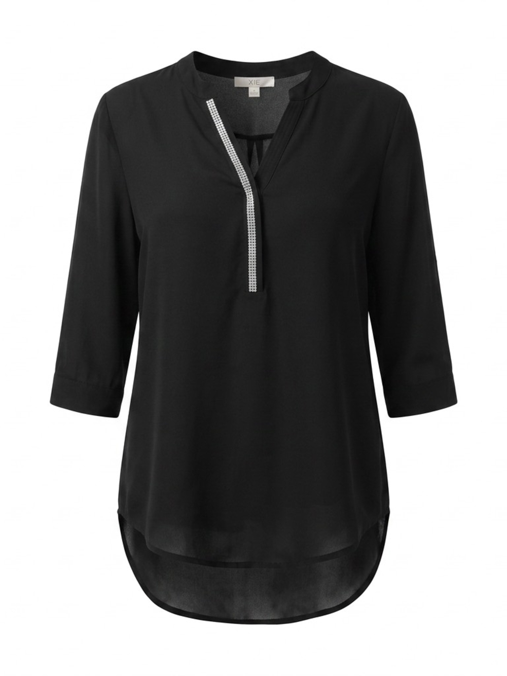 Black V-Neck Rhinestone Trim Blouse
